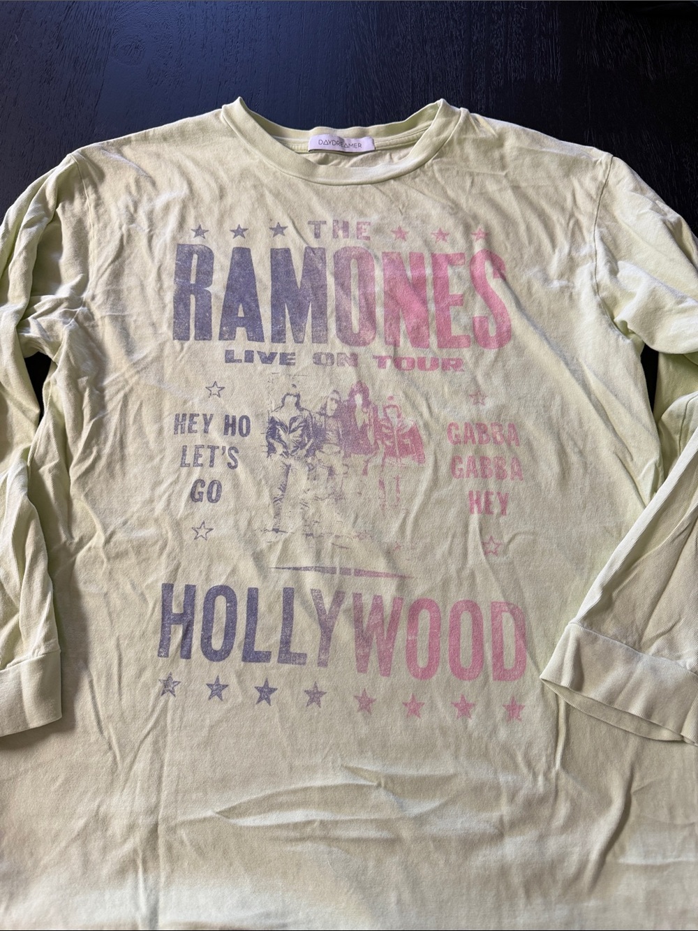 Daydreamer Pale Yellow Ramones Hollywood Long Sleeve Tee - Faded Pink/Gray Print